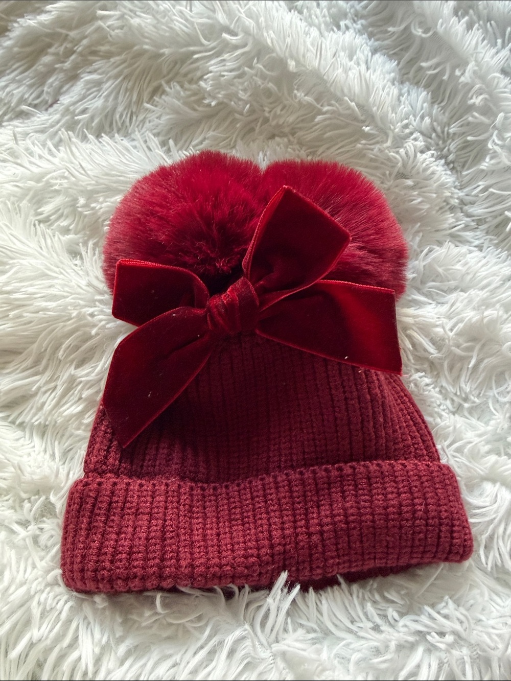 Baby Plush Pom Beanie with Velvet Bow - Burgundy 0-9months